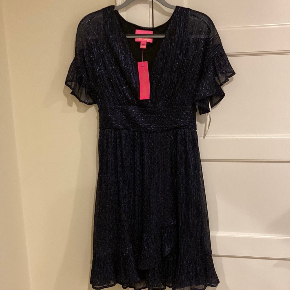 NWT Lilly Pulitzer Sinclare Metallic Short Sleeve Ruffle Trim Minidress Size M